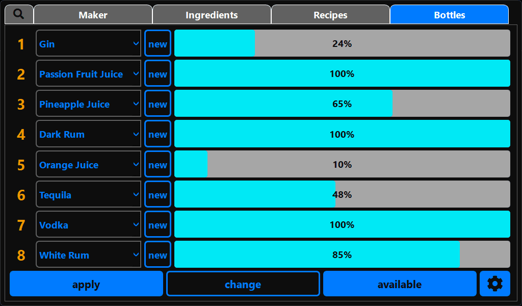 CocktailBerry cocktail machine software – bottle and pump setup screen