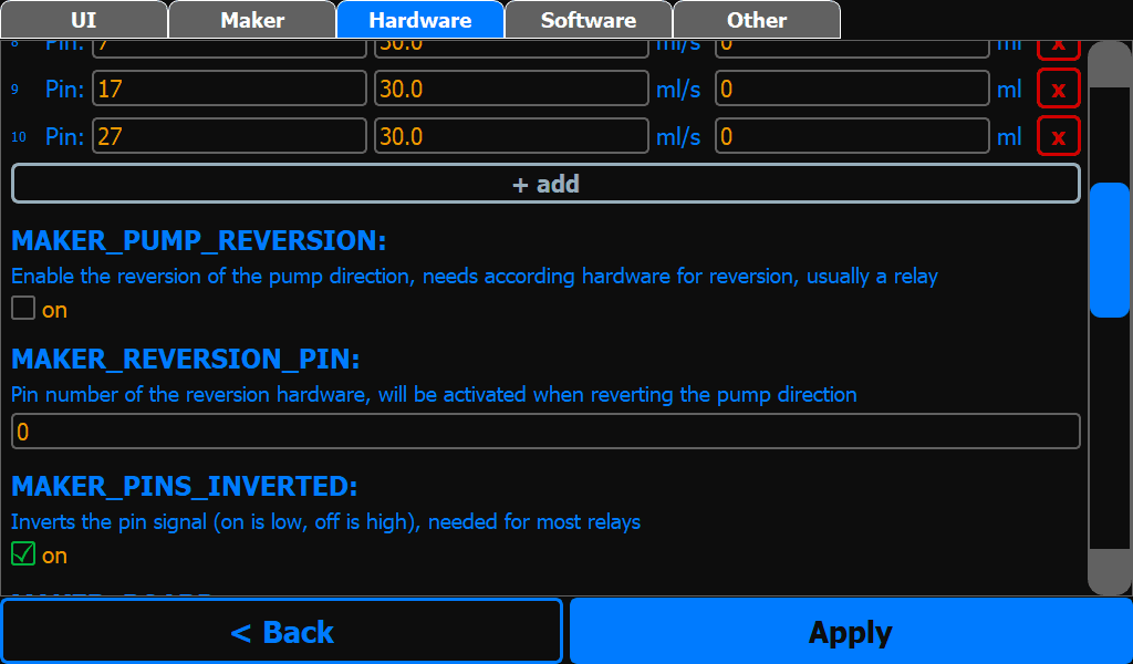 CocktailBerry cocktail machine software – configuration screen