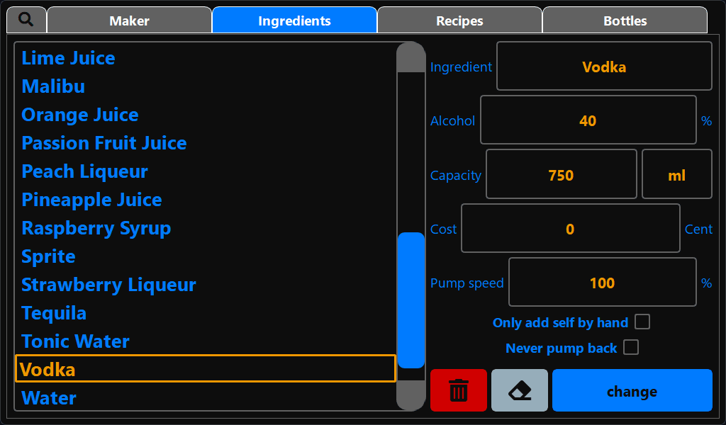 CocktailBerry cocktail machine software – ingredient management screen