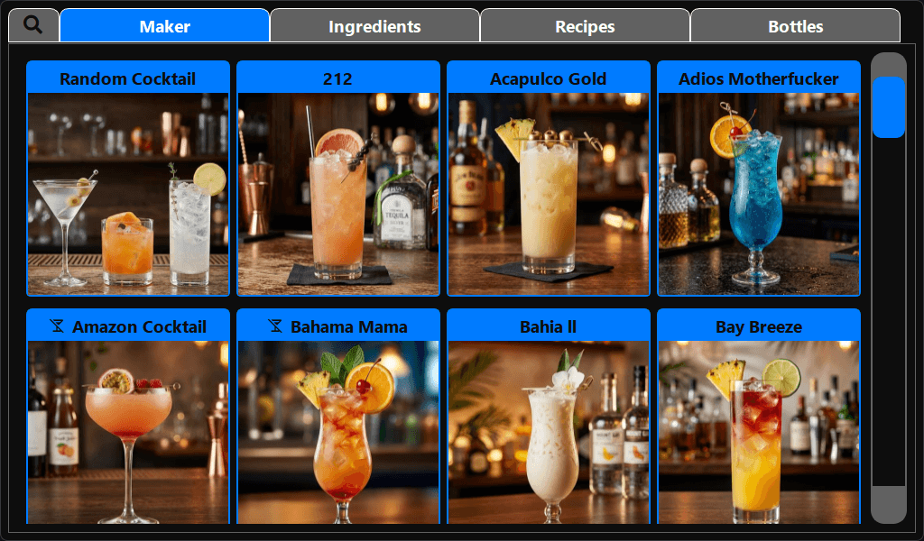 CocktailBerry cocktail machine software – main cocktail maker screen