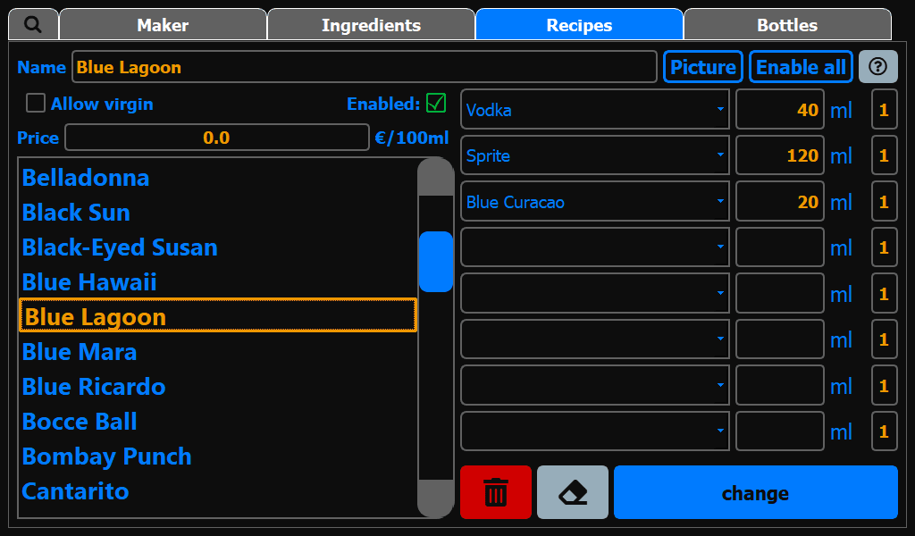 CocktailBerry cocktail machine software – recipe management screen