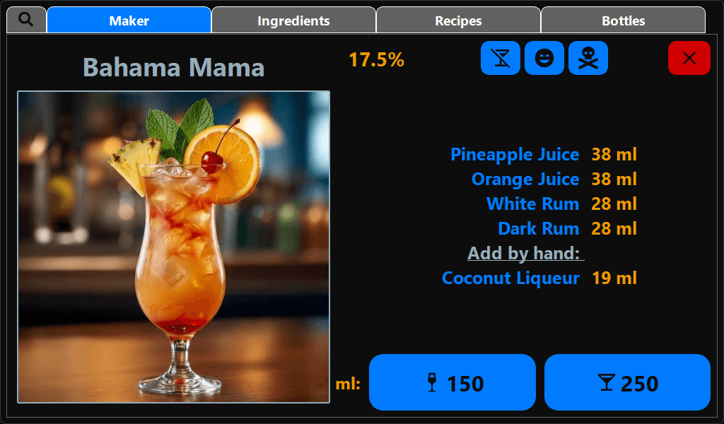 CocktailBerry cocktail machine software – cocktail selection screen